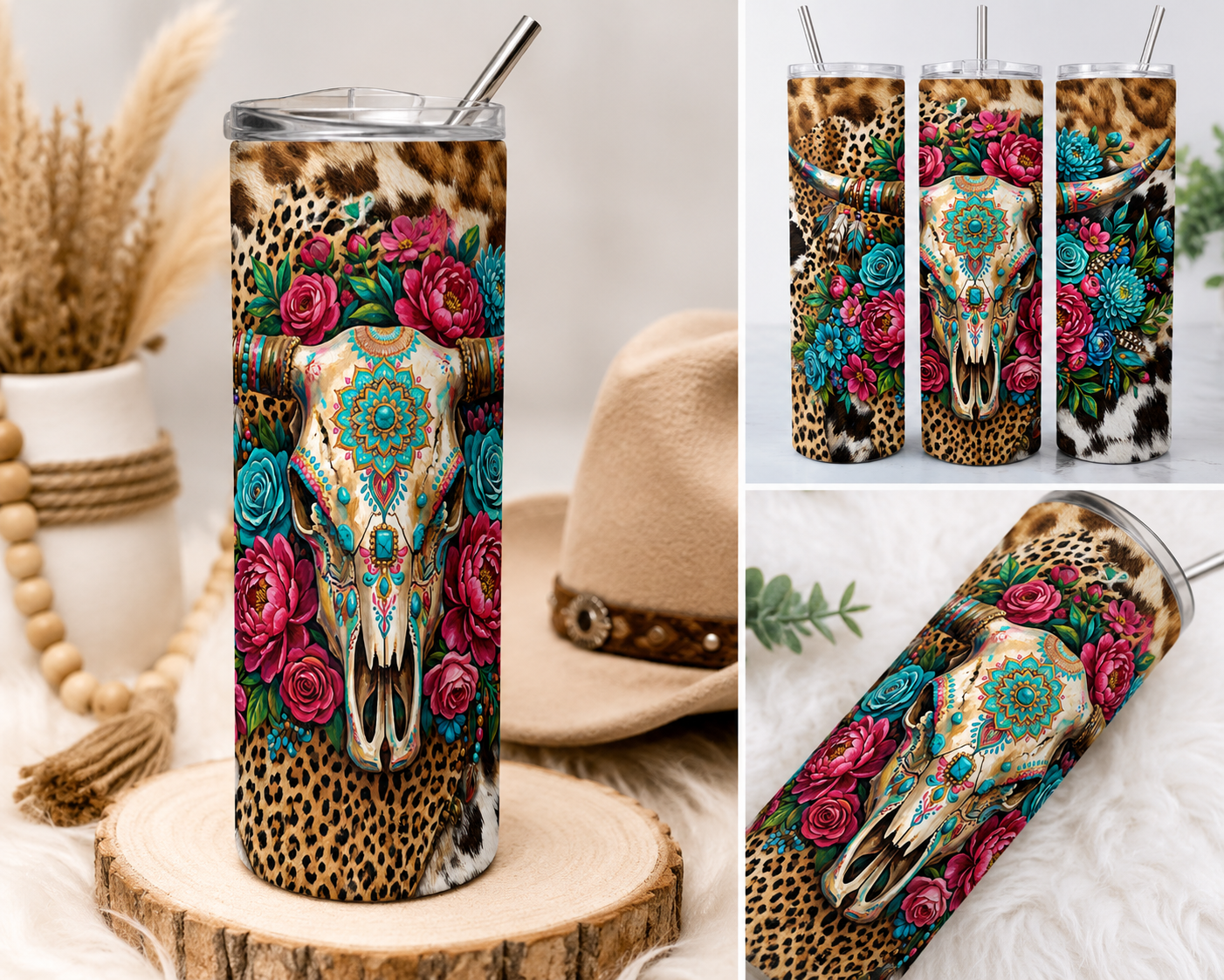 Boho Cow Skull 20oz Skinny Tumbler