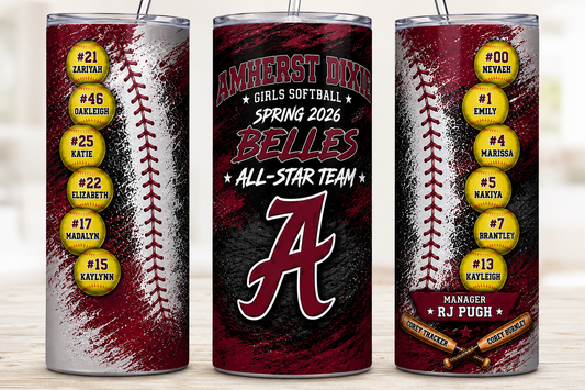 Amherst Dixie Girls Softball 20oz Skinny Tumbler