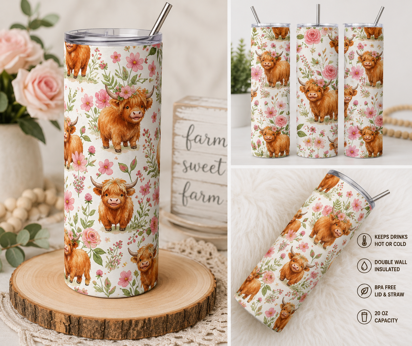 Floral Highland Cow 20oz Skinny Tumbler