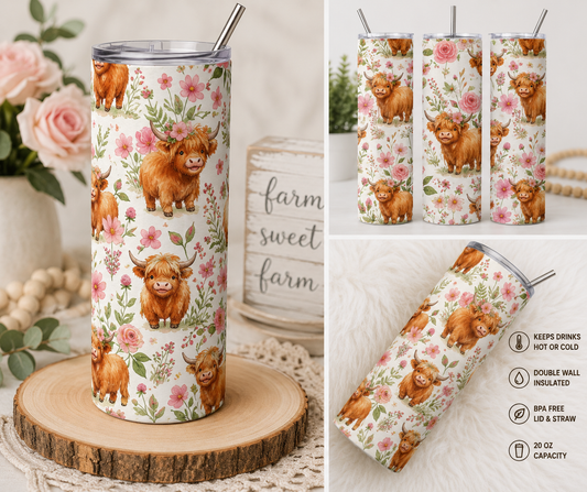 Floral Highland Cow 20oz Skinny Tumbler