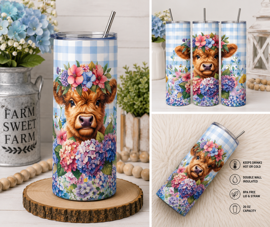 Floral Highland Cow 20oz Skinny Tumbler
