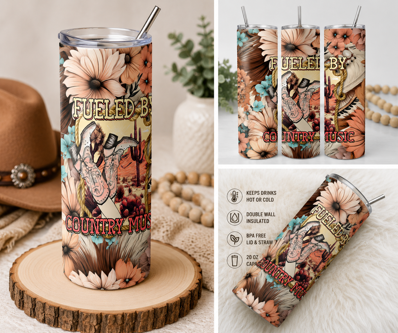 Fueled By Country Music 20oz Skinny Tumbler